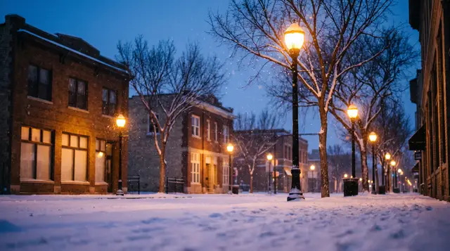 Snowy street at dusk with lamps and bare elms